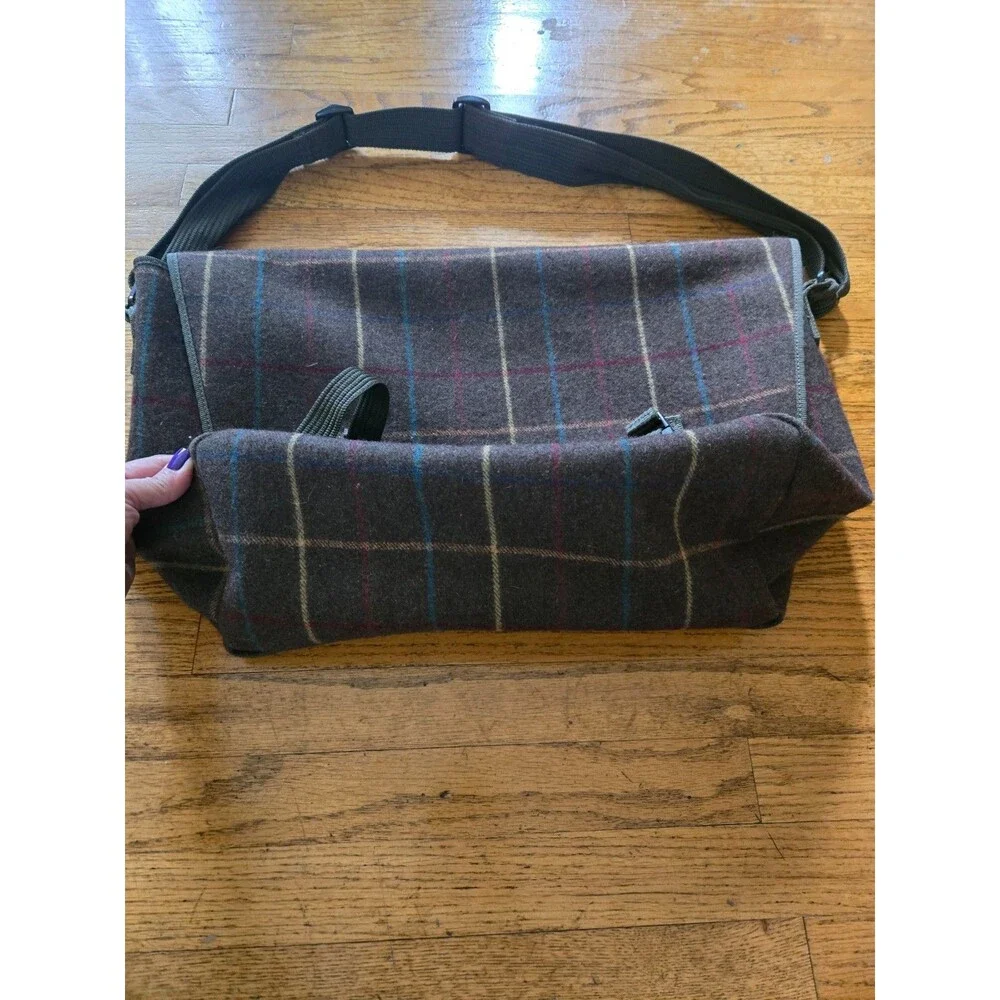J Crew Wool Blend Brown Plaid Messenger Laptop Bag Adjustable Straps